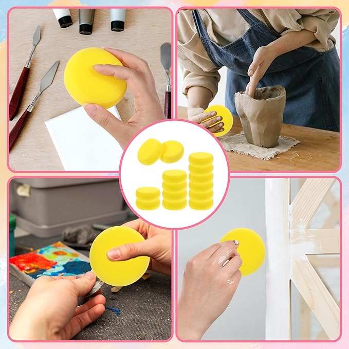 Paint Sponge, 12 Pcs Yellow Round Painting Sponges 3 Inch Artist Pottery Sponge Applicator Watercolor Sponges for Face Painting Pottery Art Crafts Ceramics