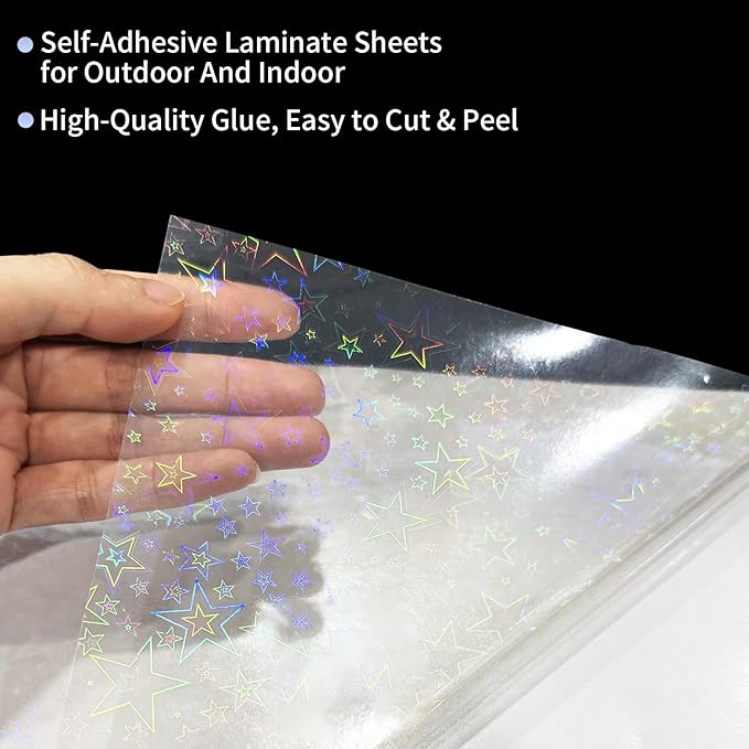 36 Sheets Holographic Sticker Paper,Holographic Laminate Sheets,A4 Size Clear Vinyl Sticker Sheets Self-Adhesive Rainbow Overlay Sheets,11.7 x 8.3 Inches（Five-Pointed Star）