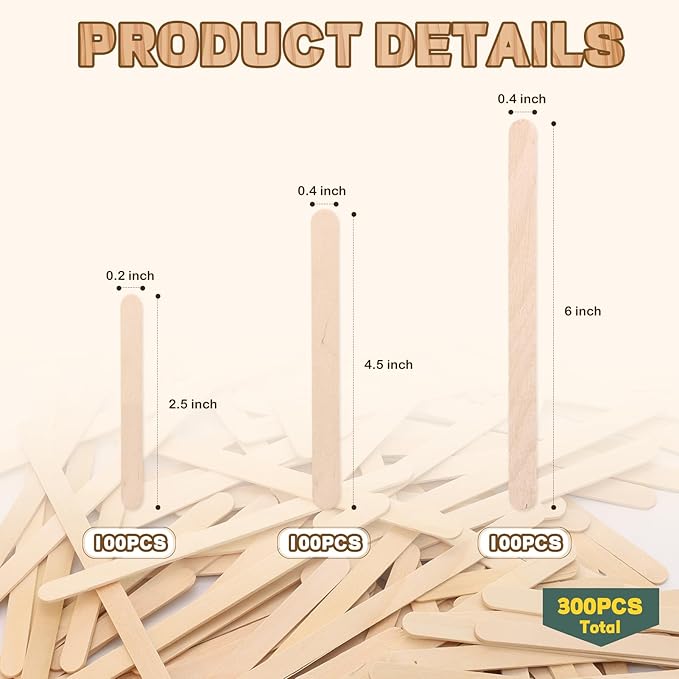 300PCS Wooden Sticks for Craft, 3 Sizes (2.5",4.5",6") Natural Wood Sticks Popsicle for Ice Cream Waxing Hair Removal and Wax Supplies Stir Classroom Art DIY Paint Craft Project Tongue Depressors