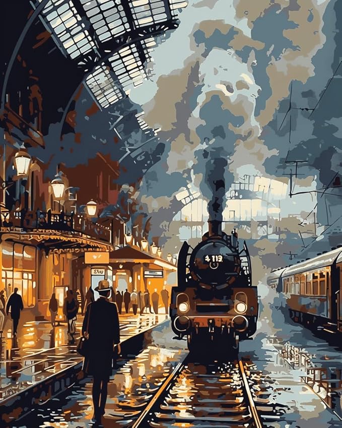 Moohue 14ct Counted Cross Stitch Kits for Adults Train Station Printed Stamped Cross Stitch Patterns Kits Cross Stitch Supplies (Train Station)