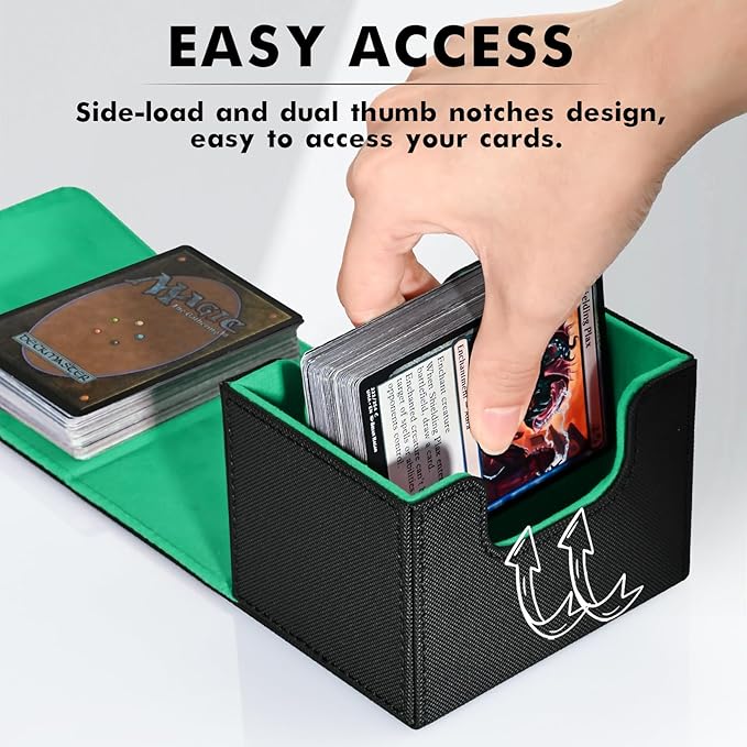 ZLCA Card Deck Box for Trading Cards, MTG Commander Deck Box Holds 120+ Single Sleeved, Leather Magnetic Card Storage Case Fits for TCG CCG Magic(Black& Dark Green)