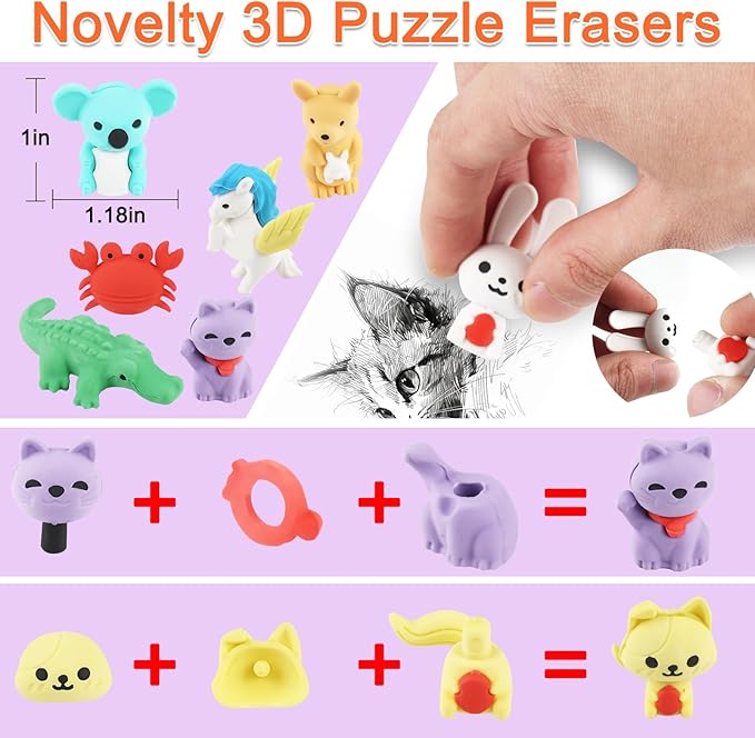 80Pcs Animal Erasers Kids Desk Pets Pencil Erasers 3D Puzzle Eraser Bulk Fun Cute Mini Animal Eraser Toys for Classroom Rewards, Game Prizes, Treasure Box, Easter Egg Fillers