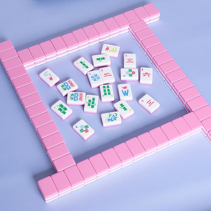 American Mahjong Tile Set(Pink) with Carrying Bag and Accessories, 160 Acrylic Engraved Mahjong Tiles