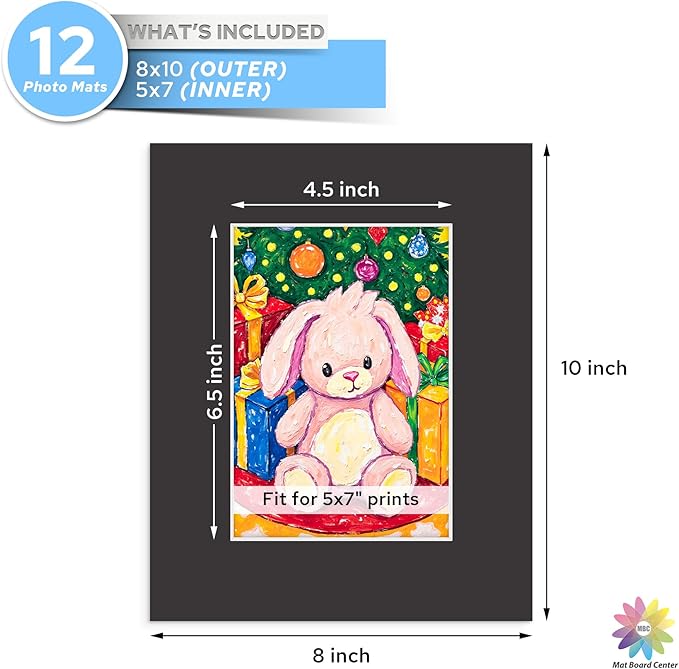 Mat Board Center, 8X10 Black Mats for 5X7 Pictures - Acid Free, 4-Ply Thickness, White Core, Bevel Cut - for Artworks, Photos, Framing - Pack of 12