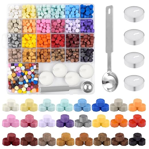 500 Pcs Dark Gold Octagon Wax Seal Beads Kit with 4 Pcs Tea Candles 1 Pc Melting Spoon for DIY Crafts Letters Wedding Wine Bottle Sealing