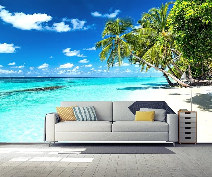 Palm Tree Wall Mural Tropic Paradise Beach Seascape Murals Wallpaper for Walls Bedroom Living Room Bedroom TV Background Kids Room Decoration（Not Peel and Stick）
