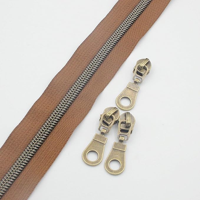 Leekayer #5 Antique Brass Metallic Nylon Coil Zippers by The Yard Bulk 10 Yards (Brown Tape with 25pcs Brass Sliders for DIY Sewing Tailor Craft Bag(Brown)
