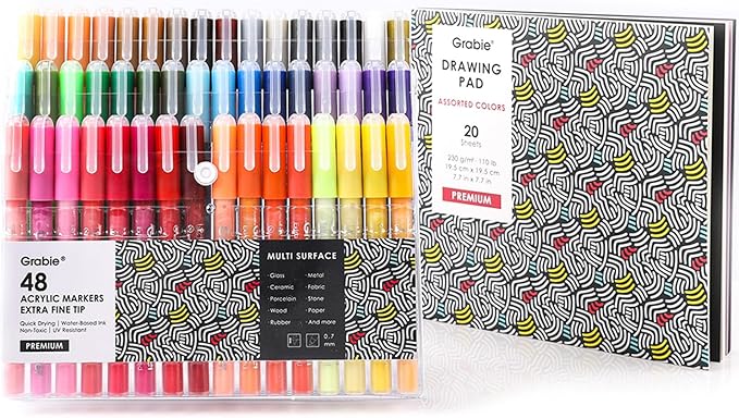 Grabie Acrylic Paint Pens Markers, 48 Colors, 0.7 mm, Extra Fine Tip Drawing Markers, Premium Paint Pens for Painting on Various Surface, Art Supplies, Set of 48