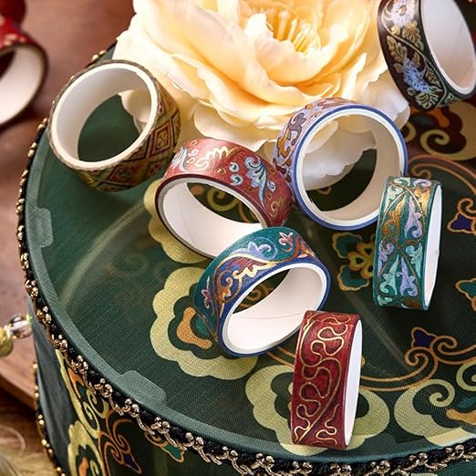 Washi Tape Set 10 Rolls, Chinoiserie Gold Foil Decorative Paper Sticker for Planner Scrapbook Journal DIY Arts Craft (Ancient Red)