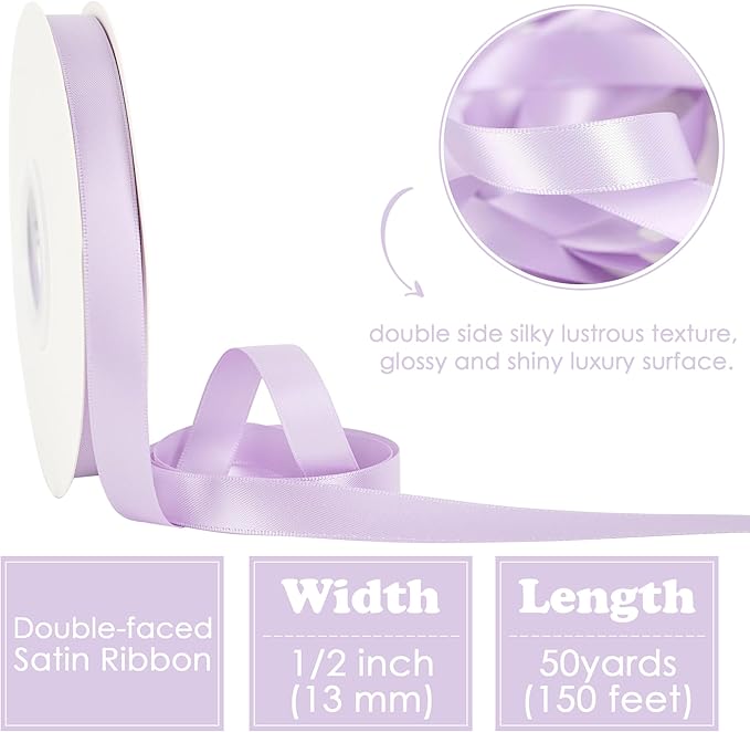HUIHUANG Light Purple Satin Ribbon 1/2 inch Continuous 50 Yards Lilac Double-Faced Satin Ribbon for Gift Wrapping, Bows, DIY Crafts, Flower Bouquet, Wedding Bridal Shower Decor, Holiday Decor