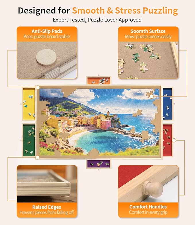 2000 Piece Rotating Puzzle Board Pro, 40" x 29" with 6 Drawers, Rubber Cover Mat, 360° Lasy Susan, Sort-Wise Colorful Felt Drawers & 4 Trays, Wooden Jigsaw Puzzle Table, Birthday Gifts for Mom