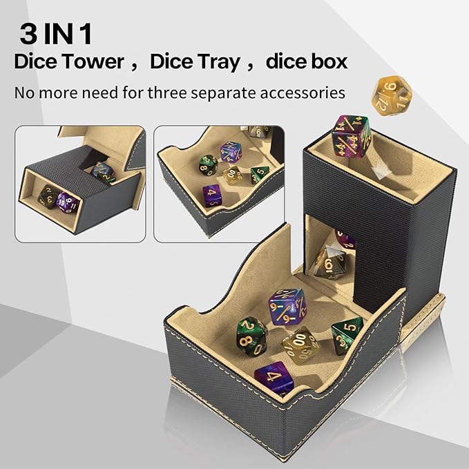 Dice Roller Tower, Premium DND Magnetic Dice Tray, Foldable PU Leather Dice Tower RPG Gifts for Dungeons and Dragons MTG Dm & Player Black/Brown
