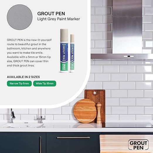 Grout Pen Light Grey Tile Paint Marker: Waterproof Grout Paint, Tile Grout Colorant and Sealer Pen - Light Grey, Wide 15mm Tip (20mL)