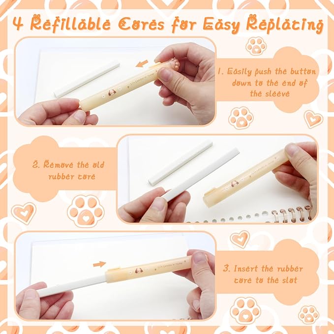 Benvo Retractable Cat Paw Erasers 4 Pcs with Refillable Rubbers Slim Erasers for Precise Erasing, Cute Eraser for Students, Artists, Office Use