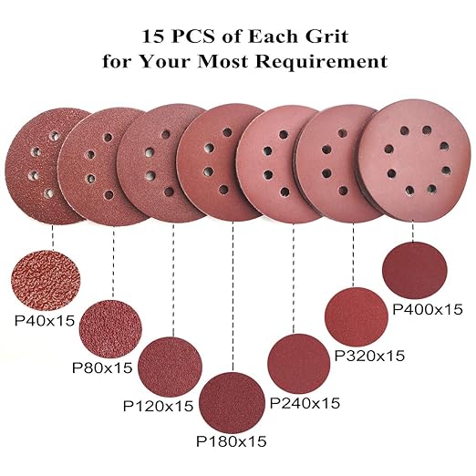 5-Inch 8-Hole Hook and Loop Sanding Discs, 40/80/120/180/240/320/400 Assorted Grits Sandpaper for Random Orbit Sander, 105-Pack