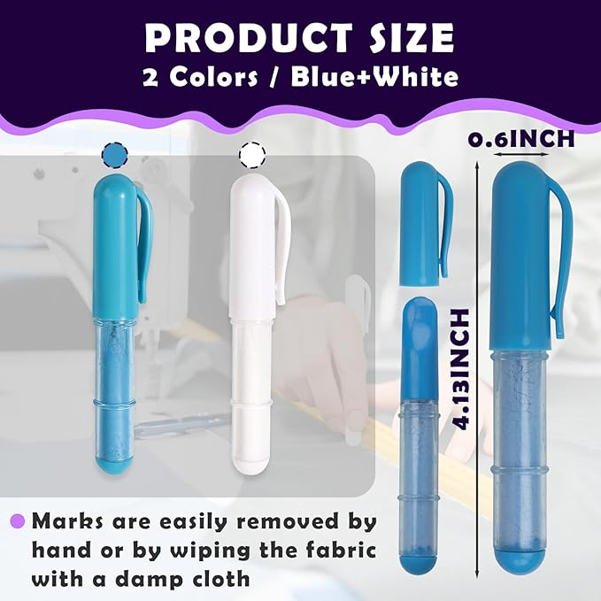 2PCS Sewing Chalk for Fabric, Wipeable and Washable Fabric Chalk for Sewing, Tailors Chalk for Fabric Etailed Marking on Fabrics, Cottons, Leathers - Blue, White