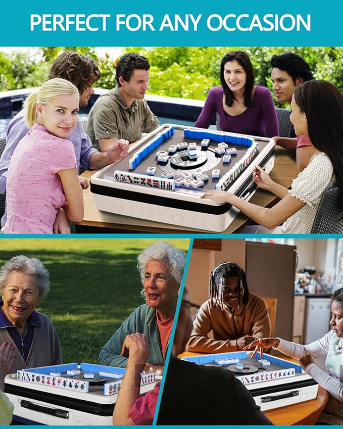 Portable Automatic Mahjong Table, Hand-held Mini-Mahjong, Automatic Mahjong, Foldable Mahjong Table w/American&Chinese -Style Magnetic Tiles, for Outdoor & Home Fun (White)