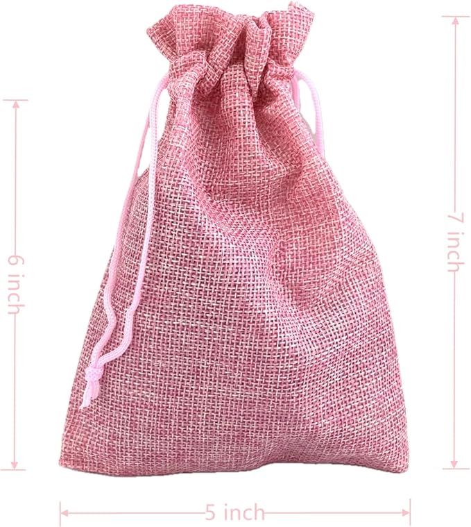 Palmhomee Pack of 25 Burlap Gift Bags with Drawstring Linen Jewelry Pouches Wedding Hessian Jute Bags for Birthday and Treat Pouches Party Wedding Favors Gift (5x7 Inch, Pink)