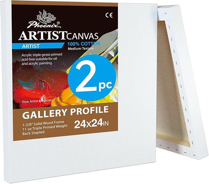 PHOENIX 24x24 Inch 2 Pack Gallery Canvas - 1.5 in Thick Large Square Canvases for Painting - Deep Edge 100% Cotton 11 Oz. Gesso Primed White Blank Professional Canvas Oil & Acrylic Paints