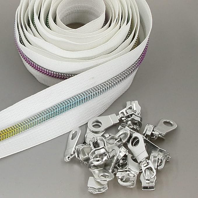 Leekayer #5 Metallic Nylon Coil Zippers by The Yard Colorful Teeth Zipper Bulk 10 Yards White Tape with 25pcs Silver Sliders for DIY Sewing Tailor Craft Bag(White)