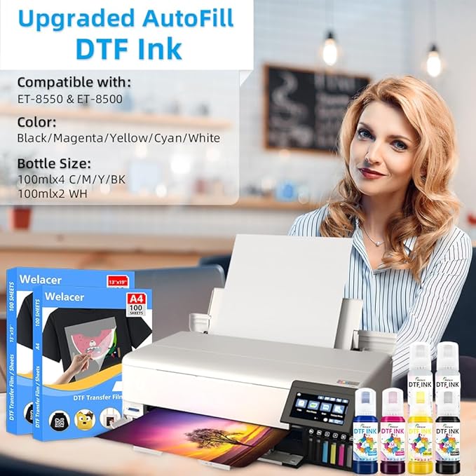 Upgraded Auto-Fill DTF Ink for ET-8550, ET-8500, 100mlx6 Heat Transfer Ink Conversion Kit, High Density Pigment Ink - Compatible with All DTF Films&Printers(Anti-UV, ICC-Free)