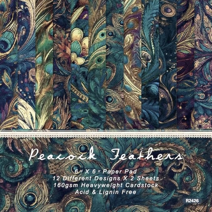 6x6 Inch Peacock Feather Themed Scrapbook Paper Pad – 24 Sheets, 12 Unique Designs, Single-Sided Premium Craft Paper for Scrapbooking, Cardmaking, and DIY Crafts