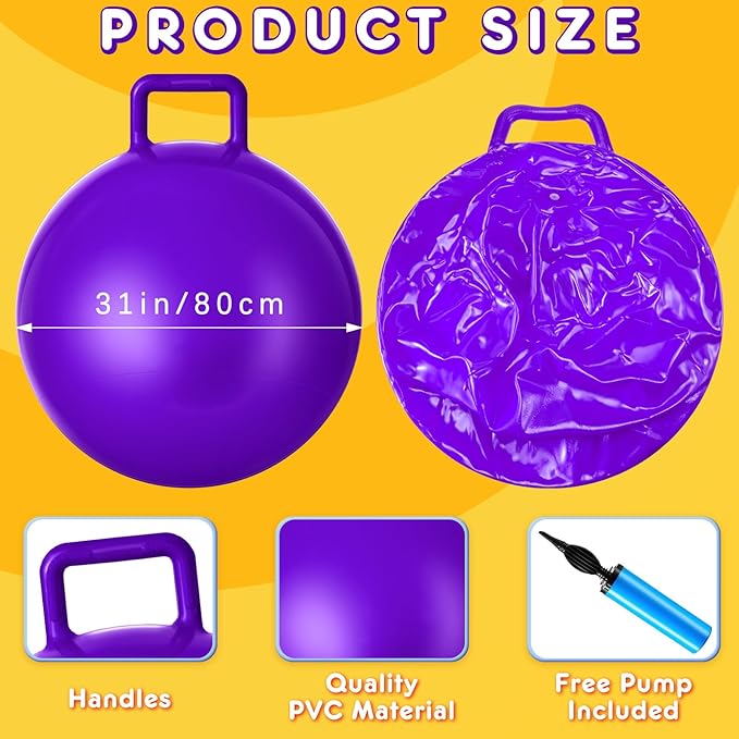 Lewtemi 3 Pcs 31 Inch Bouncing Ball with Handle, Outdoors Hopper Jumping Hopping Ball and Air Pump for Sports Exercise (Orange, Blue, Purple)