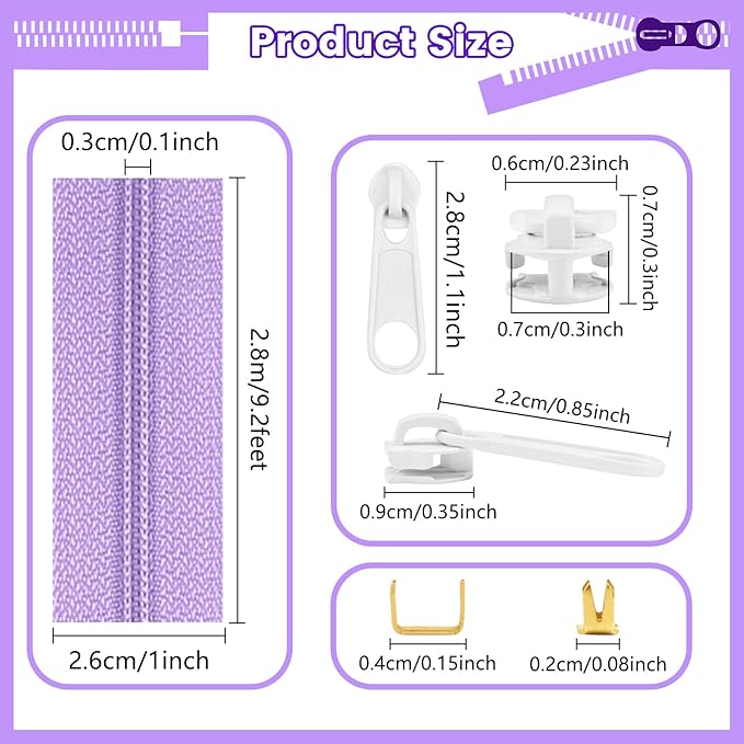 DOITEM 15.3 Yards/ 14 m 5 Pieces Assorted Colors #3 Nylon Coil Zippers, Sewing Zippers Endless Zips with 20 Pieces Zipper Sliders Zip Heads for DIY Sewing Tailor Craft Supplies (Purple Blue White)