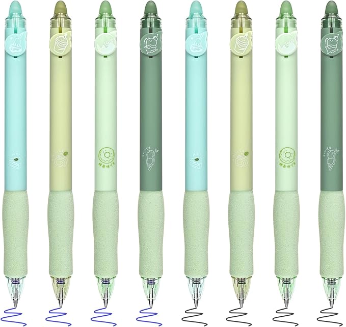 BAYTORY 8Pcs Cute Retractable Erasable Gel Pens, Blue and Black Ink Pen with Eraser Clear, Smooth Writing Comfortable to Use for Note Taking Marking Planner Crossword Puzzles (Green)
