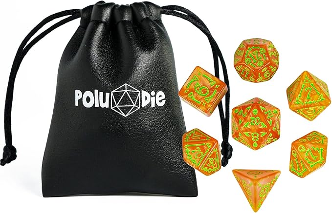 7-Die DND Dice Set Halloween Pattern Polyhedral Die Set with Leather Bag, Skull Dice D&D Die for RPG Table Games(Halloween Pattern-Orange/Green Number)