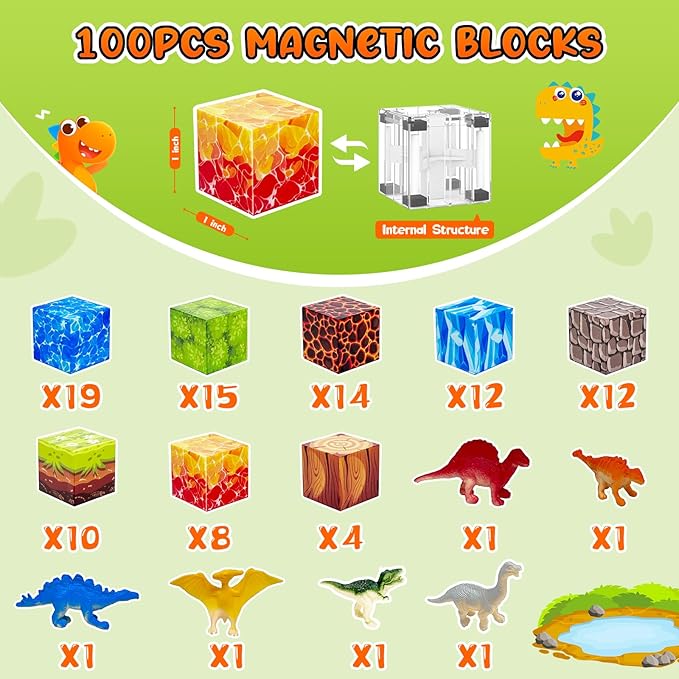 100PCS Dinosaur Magnetic Blocks for Kids: 1" Magnetic Building Blocks for Kids Ages 4-8 8-12, Magnet Cubes Sensory STEM Stacking Toys for Boys & Girls,Christmas Birthday Gifts for Toddler Ages 3+