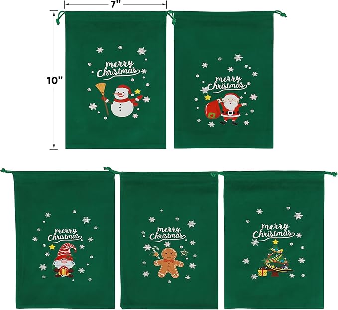 Tapleap Coth Christmas Bags with Drawstring - 50Pcs 7x10 Green Velvet for Small Bussiness Wrapping Christmas Party Favors or Gifts for Friends, Coworkers