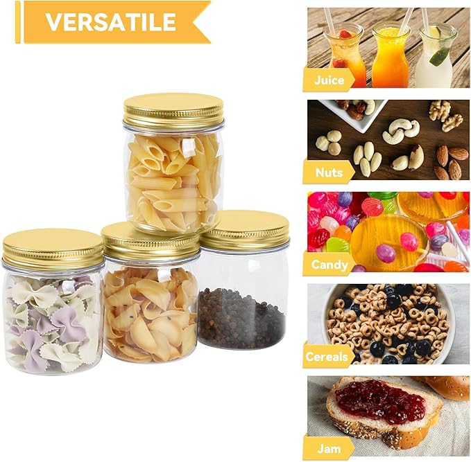 novelinks 8 oz Clear Plastic Jars with Screw-On Lids - BPA-Free Refillable Storage Containers for Slime, Spices, Crafts, Kitchen & Home Organization (16 Pack,Gold)