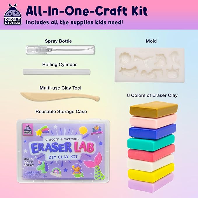 Eraser Lab DIY Clay Mini Cute Eraser Kit for Girls - Unicorn & Mermaid Theme - Fun Craft Activity for Girls Aged 4 5 6 7 8 9 10, Perfect Back to School Supply, Ideal Christmas & Birthday Gift Idea