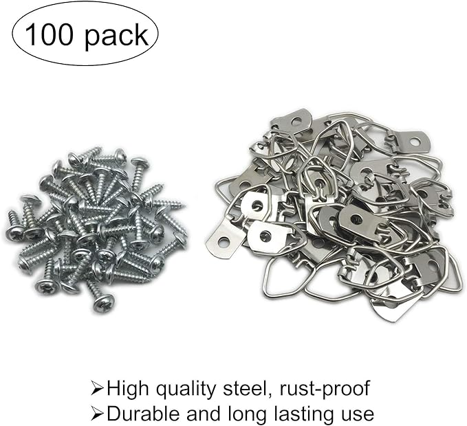 100 Pack Small D-Ring Steel Picture Hangers with Screws Picture Frames Picture Hang Solutions, for Hanging Clock Paintings Artwork Picture Frame Hook Photos