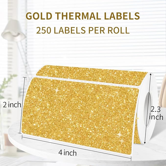 2" x 4" Glitter Gold Thermal Label Stickers,Waterproof Thermal Printer Sticker Labels for Gift Wrapping, Self-Adhesive Name Price Tag DIY Custom Logo Design (250 pcs,Silver)