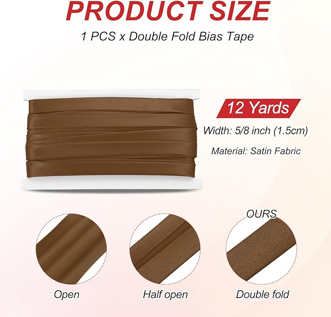 MECCANIXITY Double Fold Bias Tape for Sewing 5/8 Inch x 12 Yards Satin Pre-fold Continuous Binding Tape for Seaming Quilting Hemming Binding DIY Crafts, Coffee