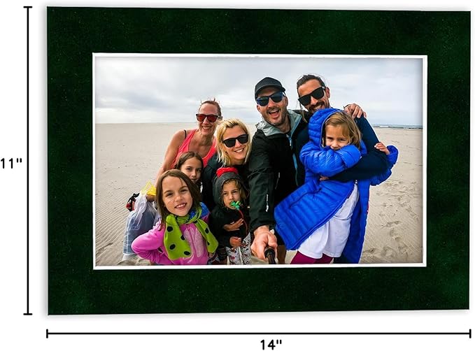 11x14 Mat Bevel Cut for 8.5x11 Photos - Acid Free Green Suede Precut Matboard With Backing Board and Crystal Clear, Self Seal Photo Mat Bag - For Pictures, Photos, Framing - 4-ply Thickness