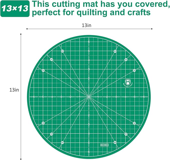 Headley Tools 13"x13" Round Rotating Cutting Mat, Self Healing Mat with 360-Degree Rotation & Anti-Slip Base, Sewing Board Cutting Mat Perfect for Fabric Quilting Leather Hobby Project, Green