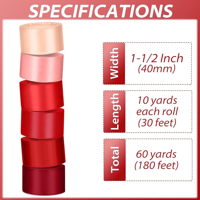 1-1/2 Inch Red Satin Ribbons for Crafts, 6 Rolls Single-Faced Red Assorted Ribbons for Gift Wrapping Flower Bouquet Wedding Invitations Bridal Shower Hair Bows Garland Party Decor