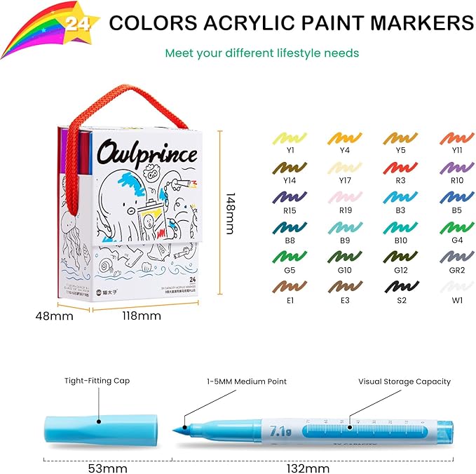 Mooking Paint Markers, 7.1G Capacity Acrylic Paint Markers with Automatic Ink Control and Bullet Tip, 24 Colors Water-Based No-Bleed Paint Pens for Arts & Crafts, Kids Activity, School Classroom