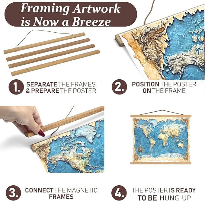 36" Sturdy Magnetic Poster Hanger,Sleek Poster Frame of Teak Wood with Strong Magnets for Safely Hanging Maps Pictures Canvas Scrolls Print Wall Art, Dacri Home (36 Inch, Natural Wood)