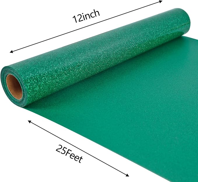 FUNKAKA Glitter Green HTV Heat Transfer Vinyl Rolls, 12" x 25ft PU Iron on Vinyl for T-Shirt Green Glitter HTV Vinyl for All Cutter Machines Easy to Cut & Weed for Heat Vinyl Design