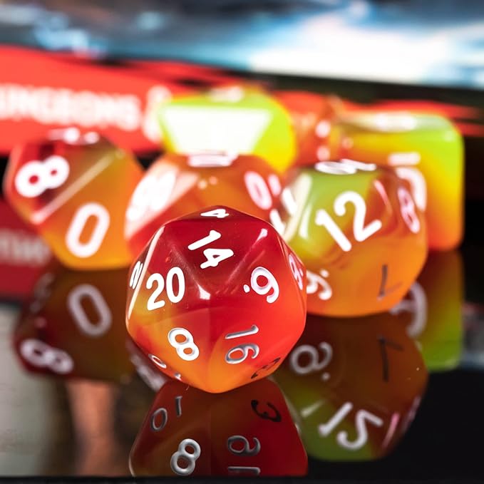 7-Die DND Dice Set Polyhedral Dice Set with a Leather Dice Bag, D&D Dice Set for Dungeons and Dragons, RPG Table Games (T/Red Yellow)