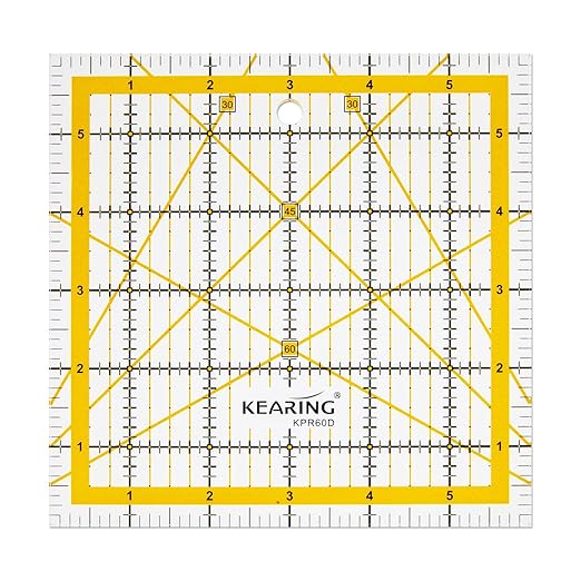 KERING Patchwork Quilting Ruler - 6x6 inch Non-Slip Acrylic Square Ruler for Foundation Paper Piecing, Bias Strips & Rotary Cutting, Durable Quilter's Tool with Anti-Slip Backing