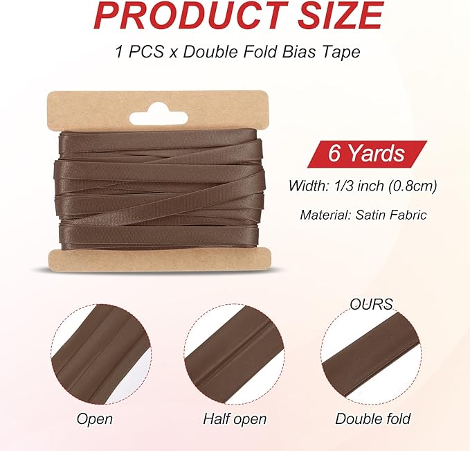 MECCANIXITY Double Fold Bias Tape for Sewing 1/3 Inch x 6 Yards Satin Pre-fold Continuous Binding Tape for Seaming Quilting Hemming Binding DIY Crafts, Brown