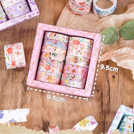 MAFELOE 2 Meters Long 12 Rolls Washi Tape Set, Decorative Adhesive Supplies for Scrapbook Journaling Junk Bullet Art Collage-Floral Print Series-Pink (HZ-3Y-SHMJ-01)