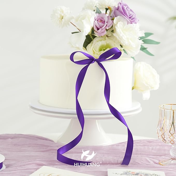 HUIHUANG Purple Satin Ribbon 1/2 inch X 50 Yards Continuous, Double-Faced Satin Ribbon for Gift Wrapping, Bows, DIY Crafts, Flower Bouquet, Wedding Decor, Holiday Party Decor
