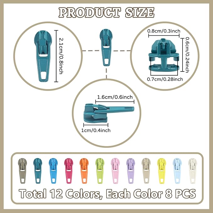 DOITEM 96Pcs Zipper Repair Kit Zipper Replacement 3# Zipper Pull Rescue Kit for Clothing Jackets Purses (12 Colors)