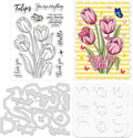 ORIGACH Tulip Layering Stencil Stamp and Die Set for Card Making, Flower Stencil Template Silicone Clear Stamps and Metal Die Sets for DIY Scrapbooking Photo Album Crafting